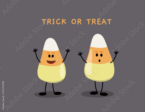 Trick or Treat Candy Corn card. Candy scaring. Flat, cartoon, vector