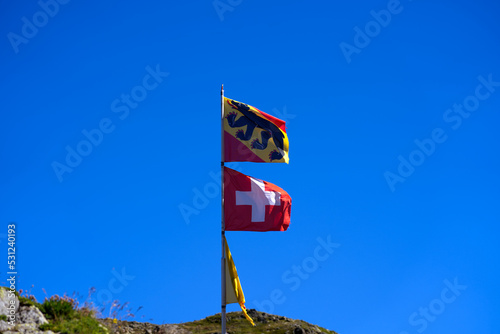 Swiss flag and flag of Canton Uri waving at Swiss mountain Pass Sustenpass on a sunny summer day. Photo taken July 13th, 2022, Susten Pass, Switzerland.
