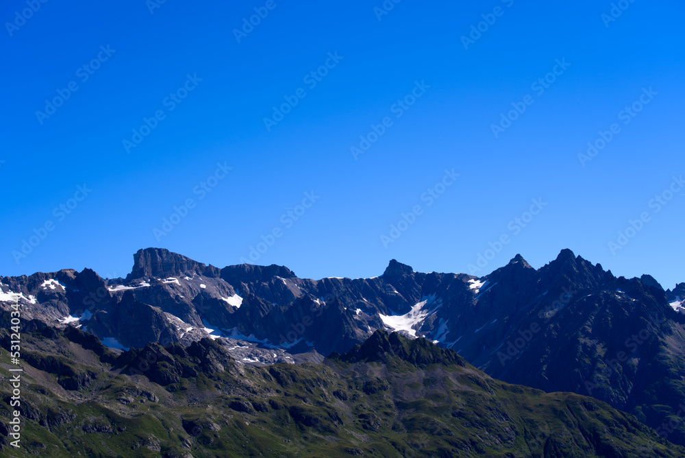 Beautiful mountain panorama at Swiss mountain pass Sustenpass with Meien Valley on a sunny summer day. Photo taken July 13th, 2022, Susten Pass, Switzerland.
