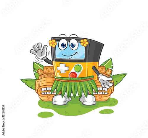 gameboy hawaiian waving character. cartoon mascot vector
