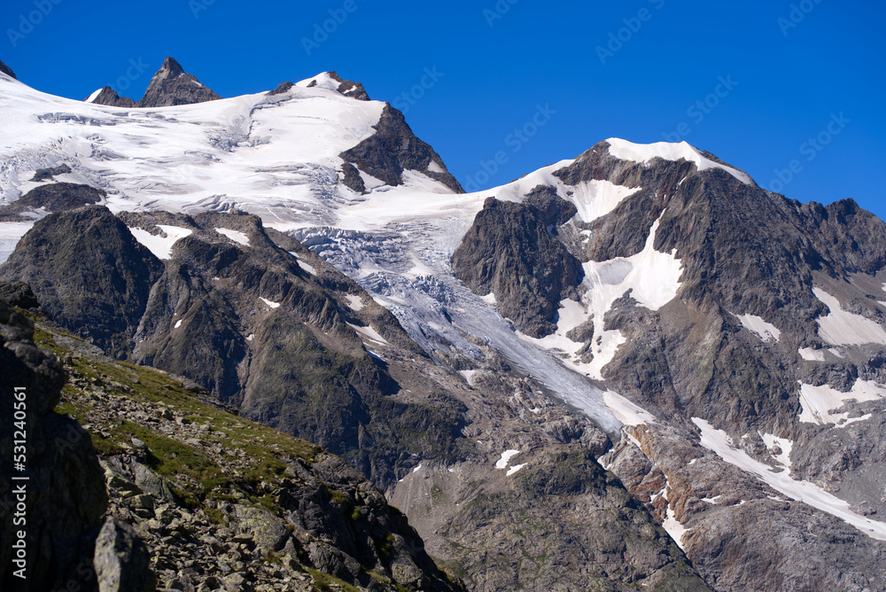 Beautiful scenic view of Stone Glacier at Swiss mountain pass Sustenpass on a sunny summer day. Photo taken July 13th, 2022, Susten Pass, Switzerland.