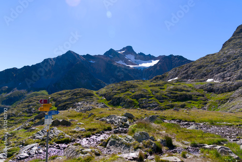 Beautiful scenic view of mountain panorama with Tschingelfirn Glacier at Swiss mountain pass Sustenpass on a sunny summer day. Photo taken July 13th, 2022, Susten Pass, Switzerland.