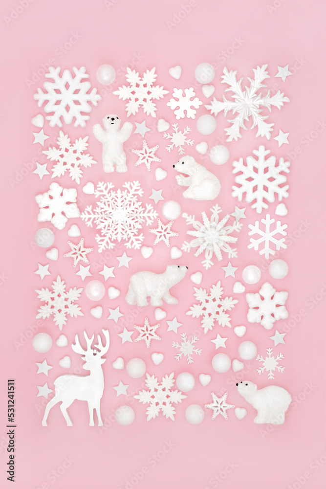 Christmas reindeer, polar bear and snowflake north pole festive design on pink background. Fun symbols for winter Xmas Eve and New Year holiday season.