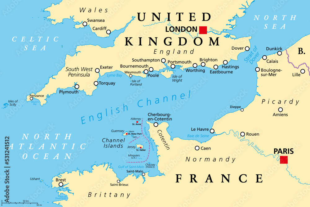 English Channel political map. Also British Channel. Arm of Atlantic Ocean separates Southern England from northern France and link to North Sea by Strait of Dover. Busiest shipping area in the world.