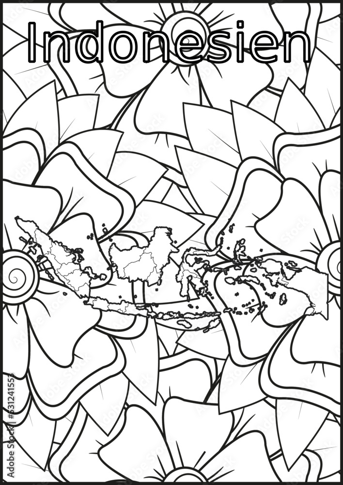 Schwarze und weiße Blume mit der Landkarte Indonesien in der Mitte. Muster für Erwachsene Färbung Buch. Doodle floral Zeichnung. Kunsttherapie Färbung Seite