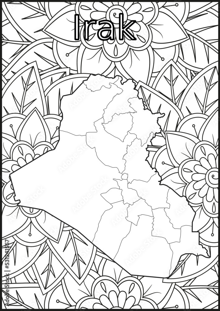 Obraz premium Schwarze und weiße Blume mit der Landkarte Irak in der Mitte. Muster für Erwachsene Färbung Buch. Doodle floral Zeichnung. Kunsttherapie Färbung Seite