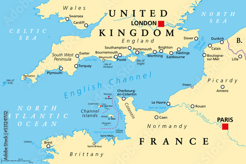 English Channel political map. Also British Channel. Arm of Atlantic Ocean separates Southern England from northern France and link to North Sea by Strait of Dover. Busiest shipping area in the world. photo