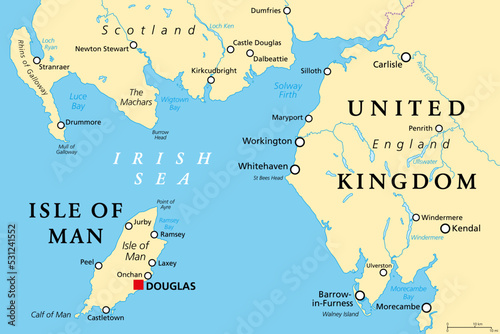 Isle of Man, also known as Mann, political map. An island nation and British Crown Dependency in the Irish Sea, between Great Britain and Ireland. A tax haven and offshore banking destination. Vector. photo