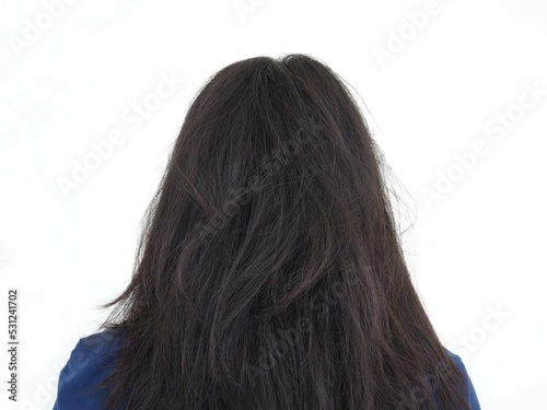 Asian young woman, hair splitting ends, messy unbrushed dry hair and frizzy, Hair care concept. Closeup photo, blurred.