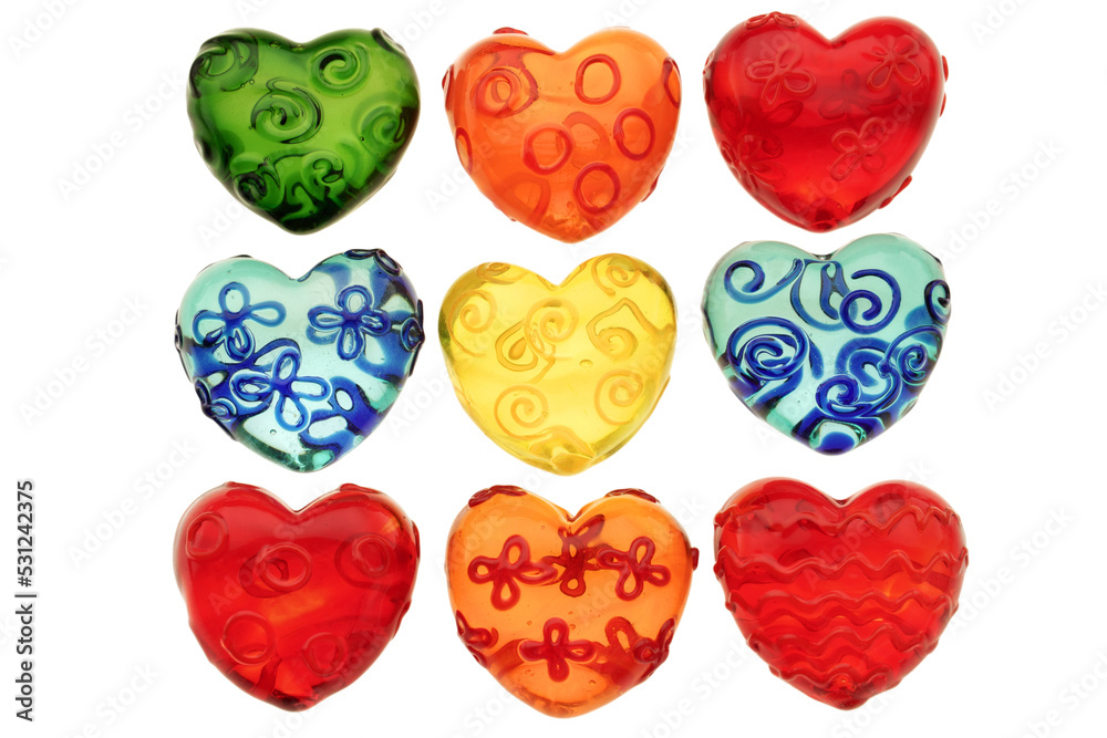 Backlit glass hearts in many colors isolated on transparency photo png file Backlit glass hearts in many colors isolated on transparency photo png file