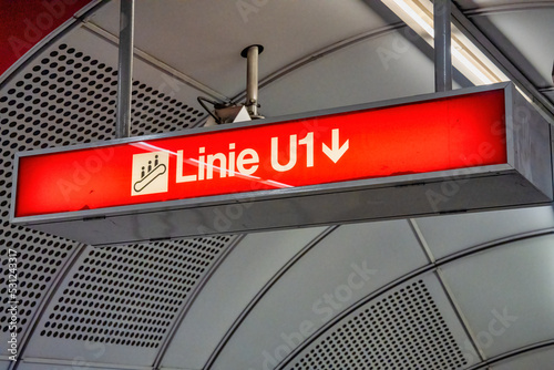 U1 underground sign inside the subway, Vienna - Austria