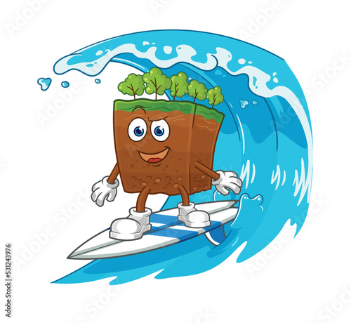 soil layers surfing character. cartoon mascot vector