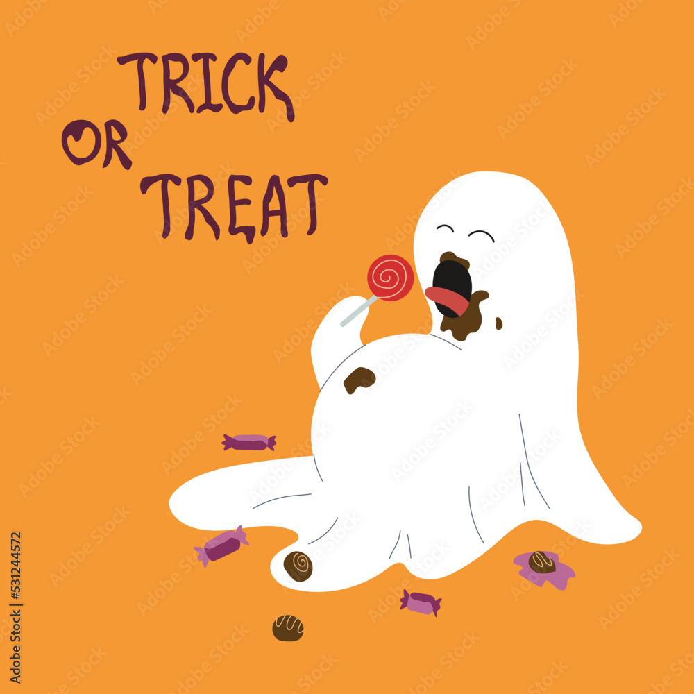 Fototapeta premium A cheerful cartoon ghost gorged on sweets on orange background for halloween. Flat vector illustration.