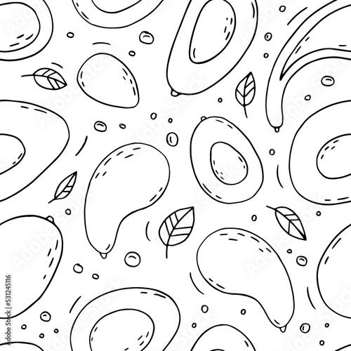 Seamless pattern with black outline avocado and leaves. Monochrome color. Ideal for coloring page, fabric, textile, prints, scrapbooking, wrapping paper, invitation and party decoration