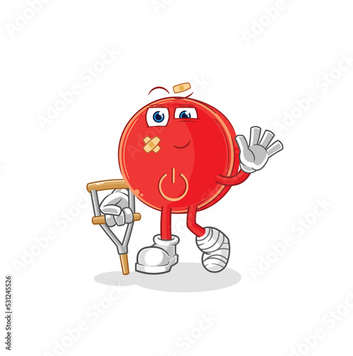 power button sick with limping stick. cartoon mascot vector