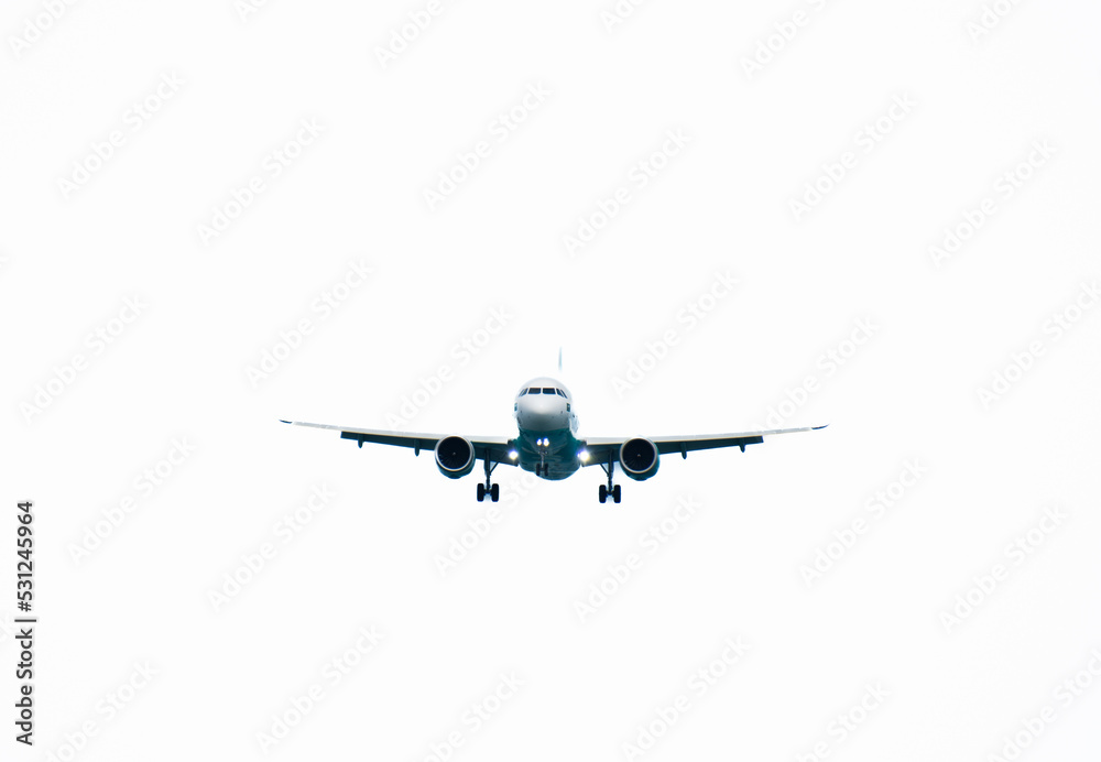 Front of real plane aircraft, isolated on white background. White aircraft 3D backdrop illustration