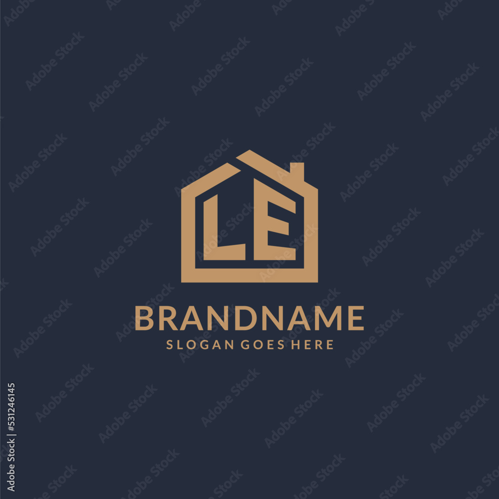 Initial letter LE logo with simple minimalist home shape icon design - obrazy, fototapety, plakaty 
