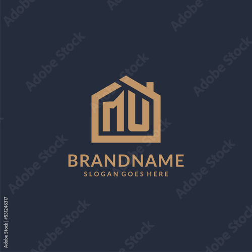 Initial letter MU logo with simple minimalist home shape icon design