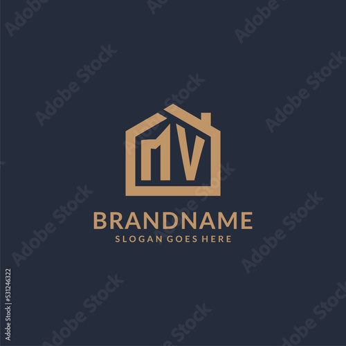 Initial letter MV logo with simple minimalist home shape icon design