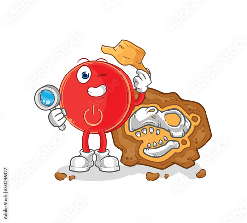 power button archaeologists with fossils mascot. cartoon vector