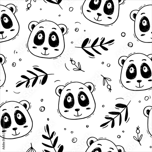 Seamless pattern with panda, leaves and bubbles on a white background. Chinese bear. Hand drawn childish cute illustration. Ideal for fabric, textile, wallpaper, prints, scrapbooking, wrapping paper