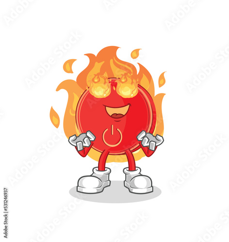 power button on fire mascot. cartoon vector