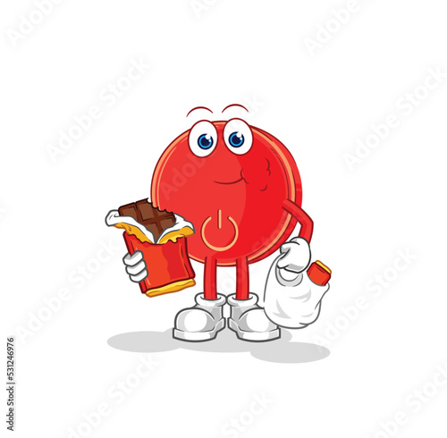 power button eat chocolate mascot. cartoon vector