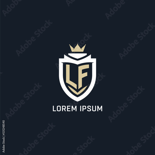 Initial letter LF shield and crown logo style, esport team logo design inspiration