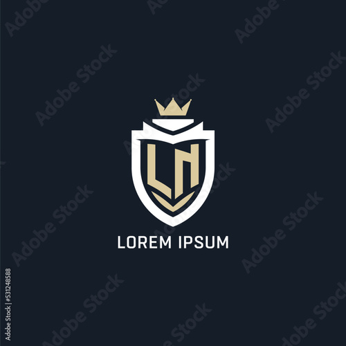 Initial letter LN shield and crown logo style, esport team logo design inspiration