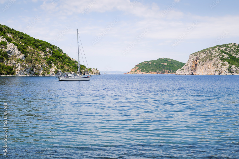 Sailing ship in beautiful bay of Porto Koufo in Sithonia, Greece