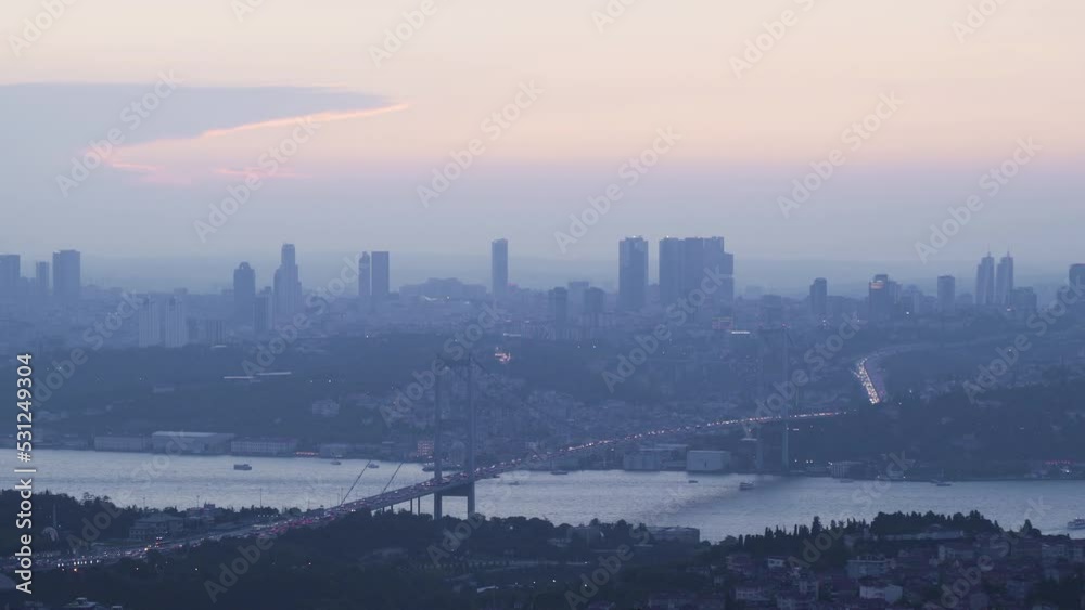 Istanbul bridge traffic. Sunset timelapse video.
General view of Istanbul Bridge and city at sunset. There is vehicle traffic on the bridge.
Istanbul bridge traffic. Sunset timelapse video.
General view of Istanbul Bridge and city at sunset. There is vehicle traffic on the bridge.