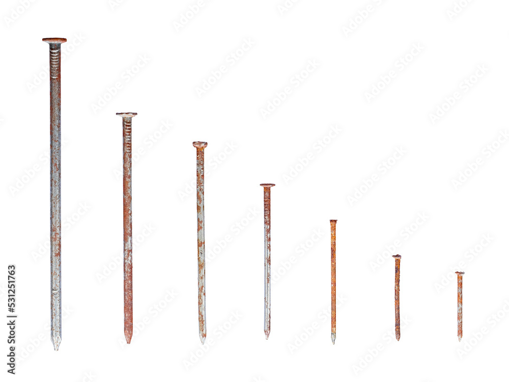 Straight old rusty nails of different lengths isolated on transparent background Straight old rusty nails of different lengths isolated on transparent background
