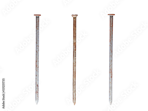 Three straight old rusty nails of equal length isolated on transparent background