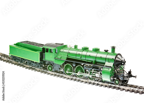 Isolated toy train with a steam engine locomotive