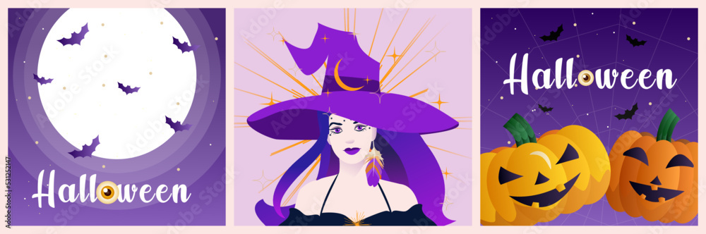 Collection of Halloween card with witches, pumpkins and full moon. Editable vector illustraton