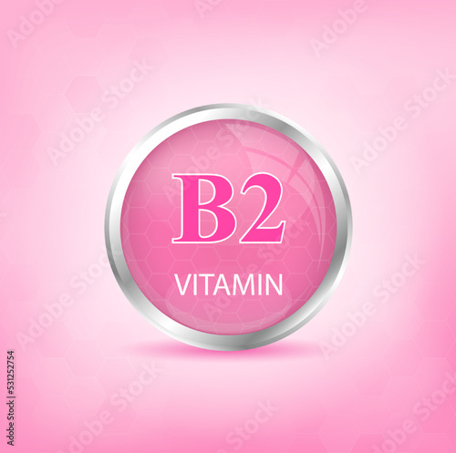 Vitamin B2 icon structure pink substance. Personal care, beauty concept. Medicine health symbol of thiamine. Drug business concept. Vector Illustration. 3D Vitamin complex with chemical formula.