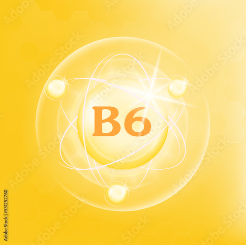 Vitamin B6 icon structure yellow substance. 3D Vector Illustration. Medicine health symbol of thiamine. Drug business concept. Vitamin complex with chemical formula. Personal care, beauty concept.