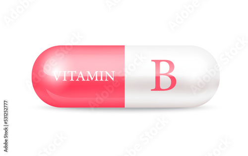 Capsule vitamin B (Thiamine) structure pink red, white. 3D Vitamin complex with chemical formula. Drug business concept. Personal care, beauty concept. Vector Illustration. transparent capsule pill.