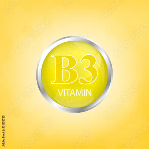 Vitamin B3 icon structure yellow substance. Personal care, beauty concept. Medicine health symbol of thiamine. Drug business concept. 3D Vector Illustration. Vitamin complex with chemical formula.