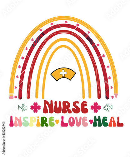 Nurse Inspire Love Heal. Retro Christmas themed nurse t-shirt design vector for x mas party. Holiday Christmas Decor Graphics Print. Christmas Nurse Quote and sayings for groovy style outfits.    