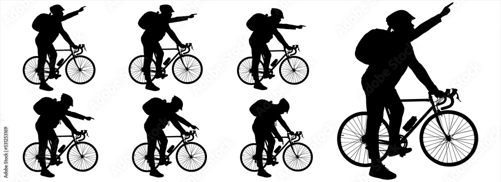 A guy in a bicycle helmet, with a backpack behind his back, holds on to the handlebars of his bike with one hand, and with the other, he points in different directions, looks around. Male silhouettes A guy in a bicycle helmet, with a backpack behind his back, holds on to the handlebars of his bike with one hand, and with the other, he points in different directions, looks around. Male silhouettes