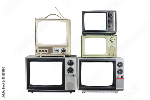 Five vintage televisions with cut out screens isolated. © trekandphoto