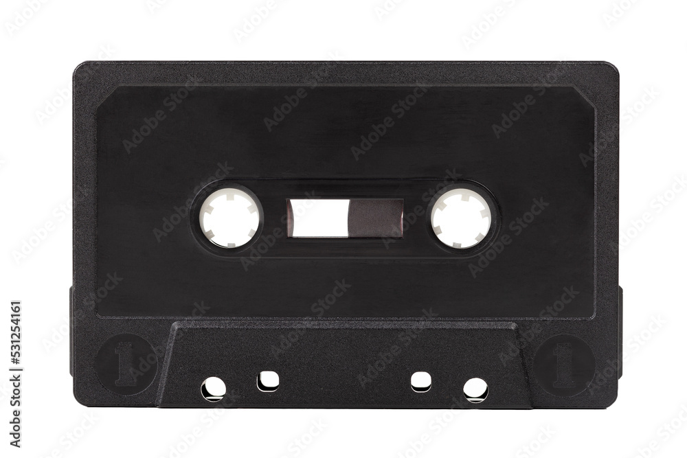 Old black empty blank simple retro audio cassette, object isolated on white background, cut out. Plain plastic vintage music tape cassette, old obsolete media, sound data carrier technology concept