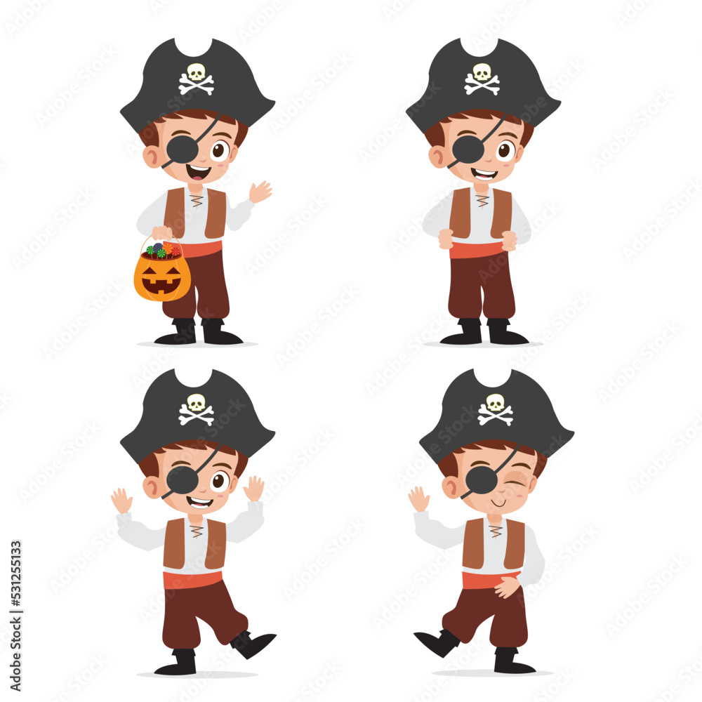 Cute Kid Wearing Pirate Costume for Halloween Vector Illustration