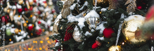 Photography Christmas and New Year time, amazing Xmas decorations on pine trees with real sn