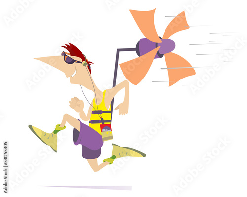 Illustration of young running man. Cartoon running man listening music on player using headphones and trying to run faster using a propeller. Isolated on white background 