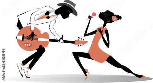 African guitarist man and singer woman illustration. African man plays guitar and African singer woman sings to microphone. Isolated on white background