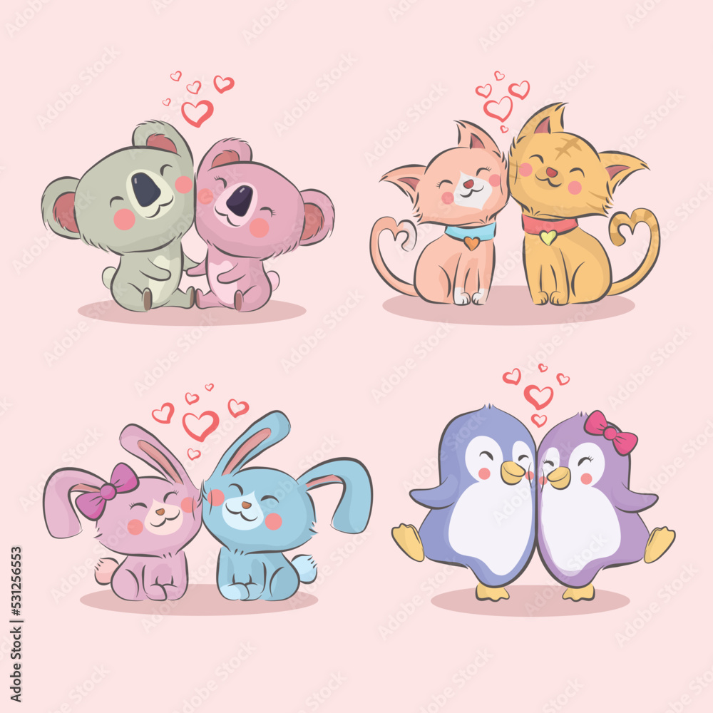 Cute animal couples on valentines day hand drawn cartoon collection