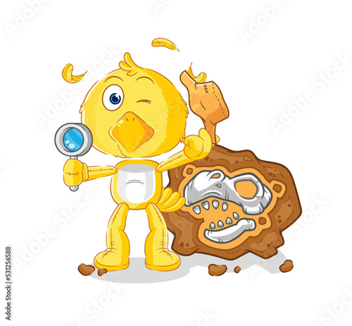 chick archaeologists with fossils mascot. cartoon vector
