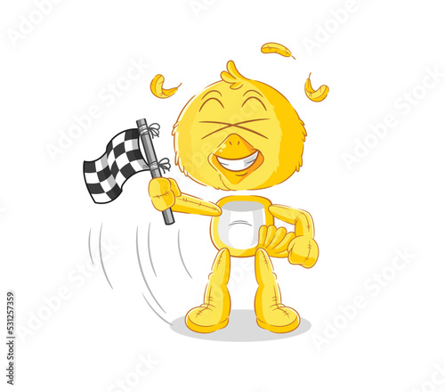 chick hold finish flag. cartoon mascot vector
